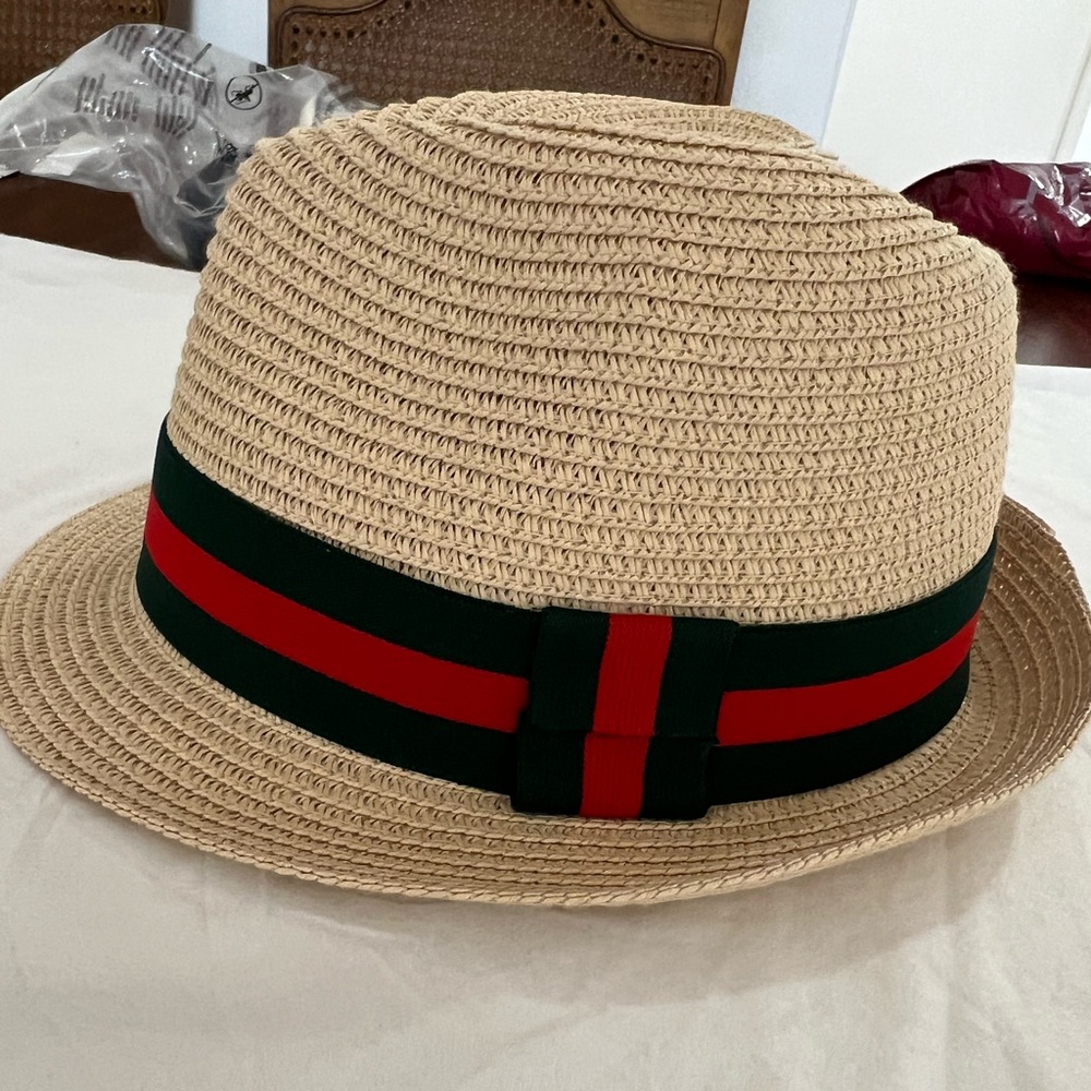 Straw Fedora with Red and Green Band